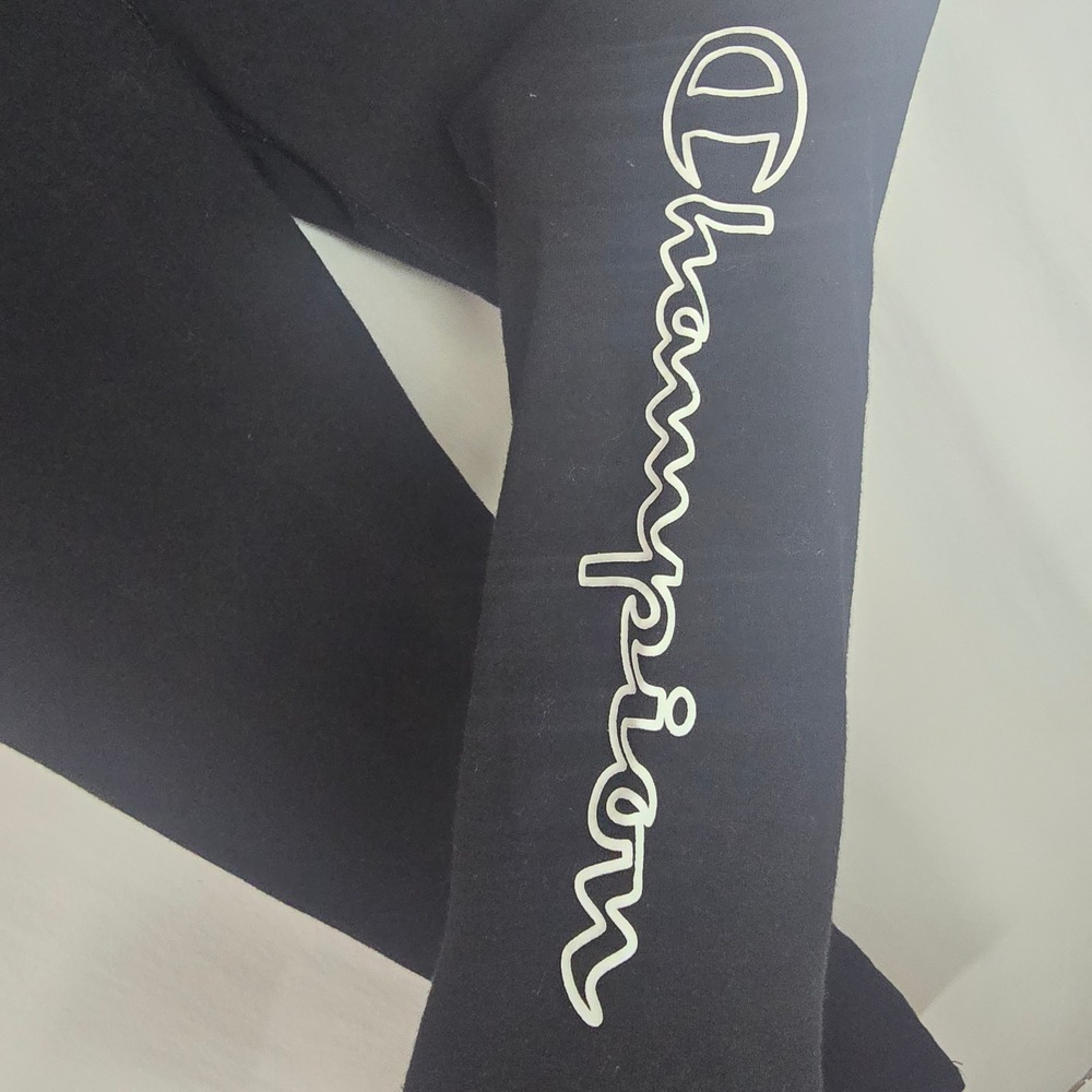 Champion Script Logo Leggings Women Large Black Cotton Blend Athleisure Sporty - Picture 3 of 5